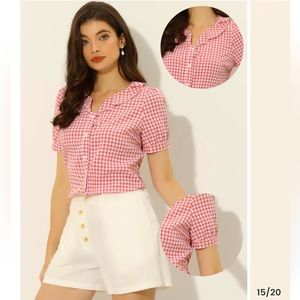 Plaid Blouse Puff Sleeve Ruffle Peter Pan Collar Shirt Top
